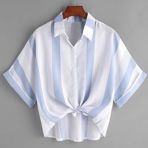 Rolled sleeve knot front striped shirt